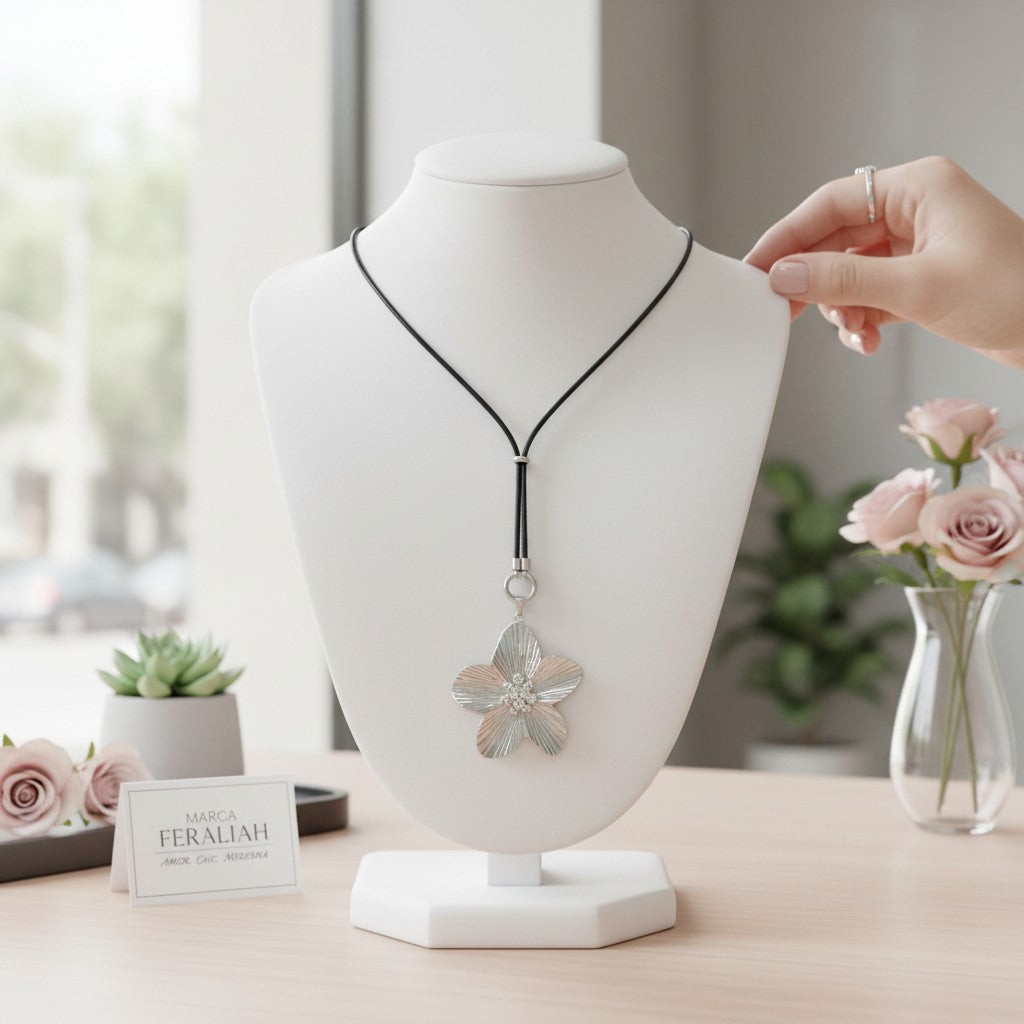 florece en santorini -Colgante largo ajustable y transformable con flor magnolia