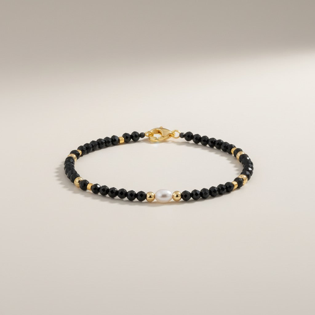 Pulsera de plata 925 bañada en oro con piedras semipreciosas y perla · 3 mm