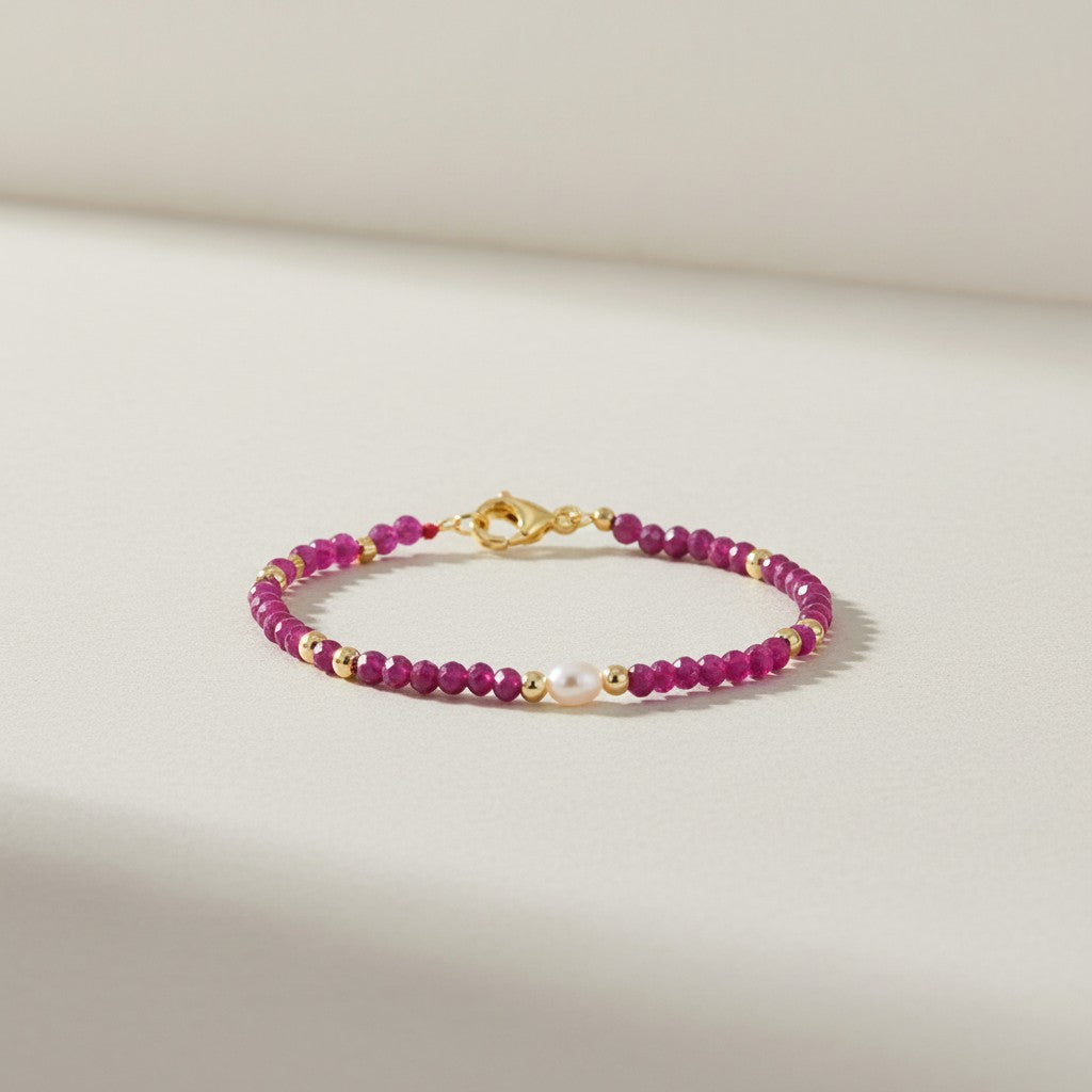 Pulsera de plata 925 bañada en oro con piedras semipreciosas y perla · 3 mm